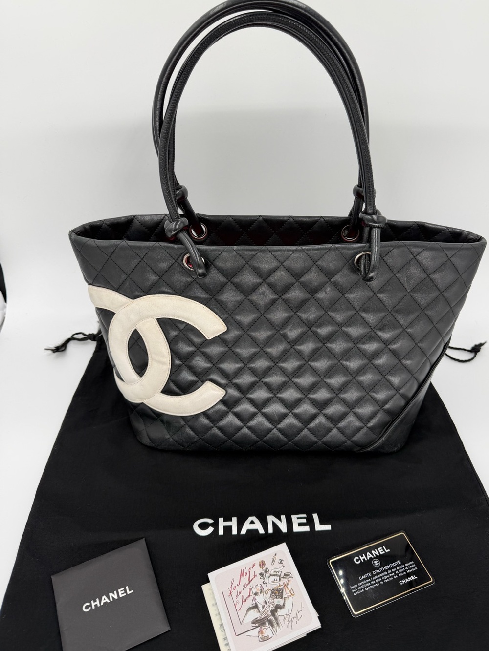 CHANEL Cambon Black Quilted Leather Tote White CC Logo w/Authentication Card